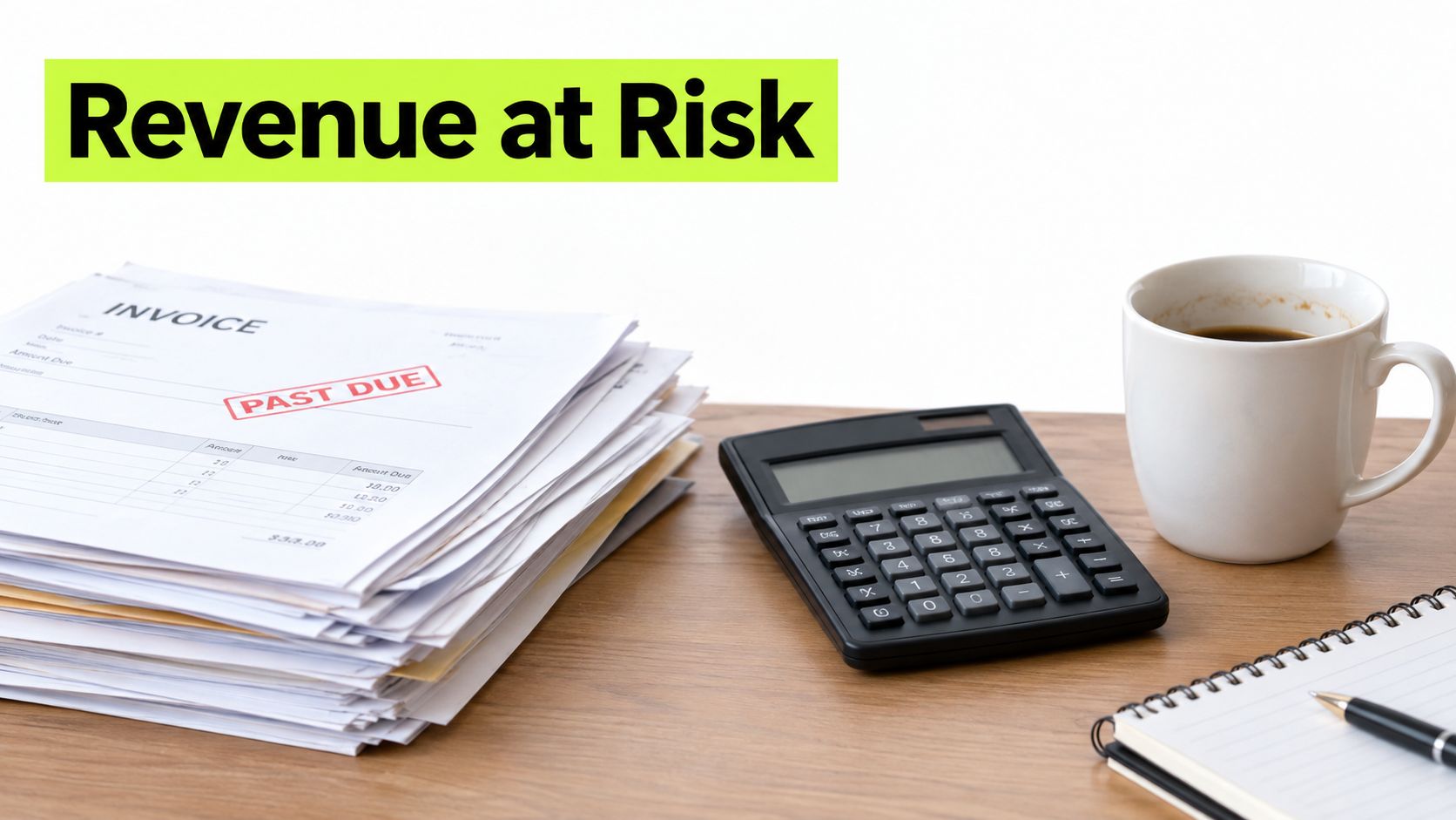 A stack of past due invoices with a calculator and a cup of coffee on a desk.