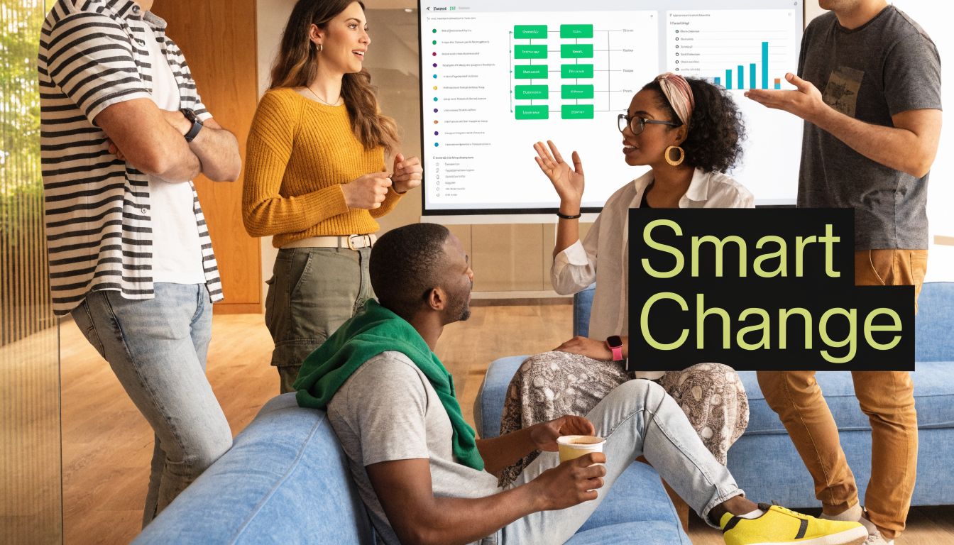A diverse team of professionals collaborates in an office, discussing data visualizations on a large presentation screen.