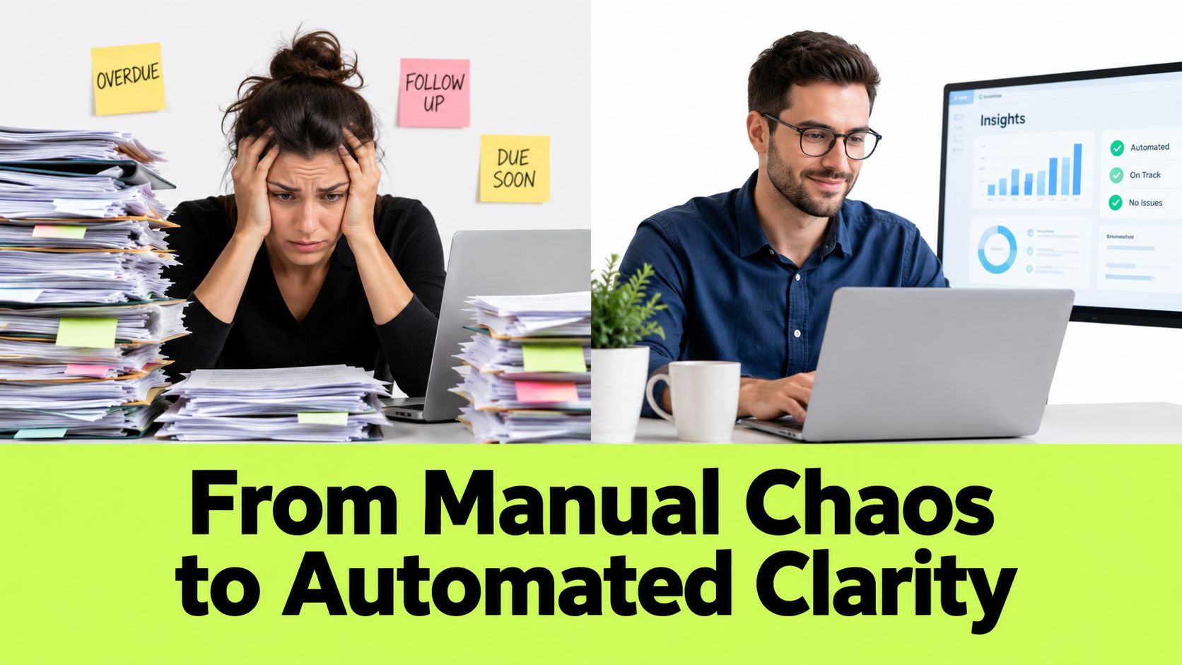 A split screen comparing a stressed employee buried in paperwork to an organized professional using automation software.