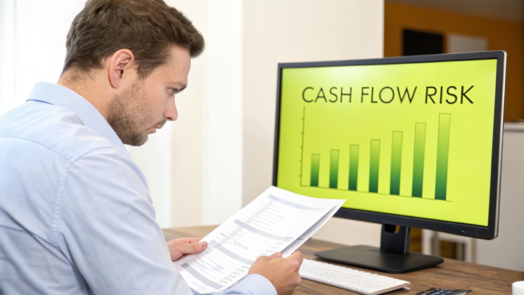 A man reviews financial documents while looking at a computer screen displaying 'Cash Flow Risk' and a bar chart.