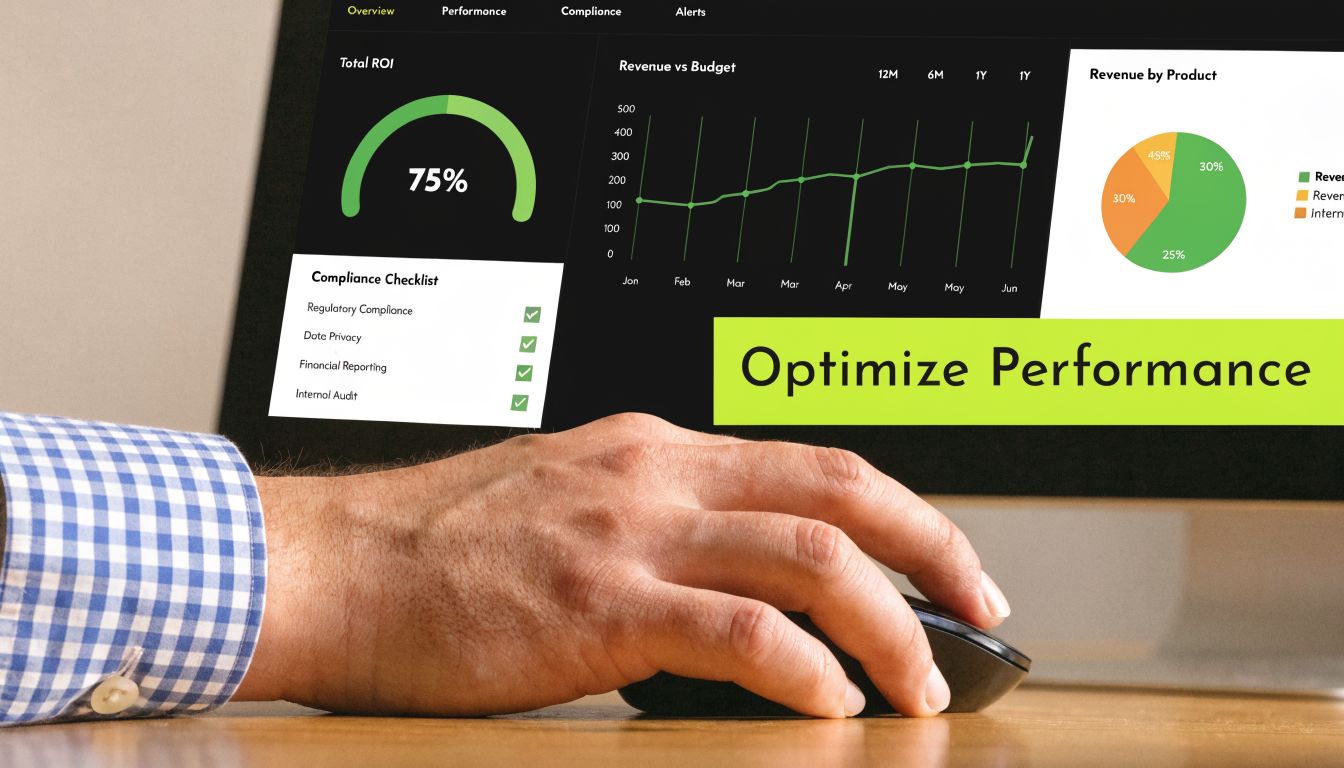 A professional analyzing business performance data on a computer dashboard with charts and a checklist.