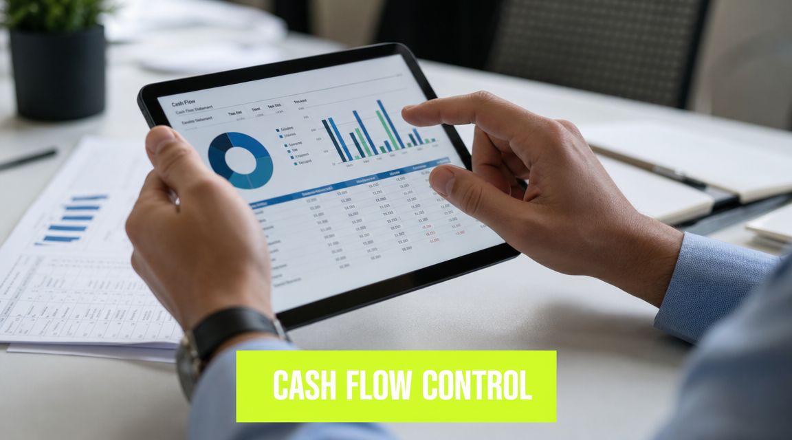 A professional analyzing a digital cash flow statement on a tablet while working at a desk.