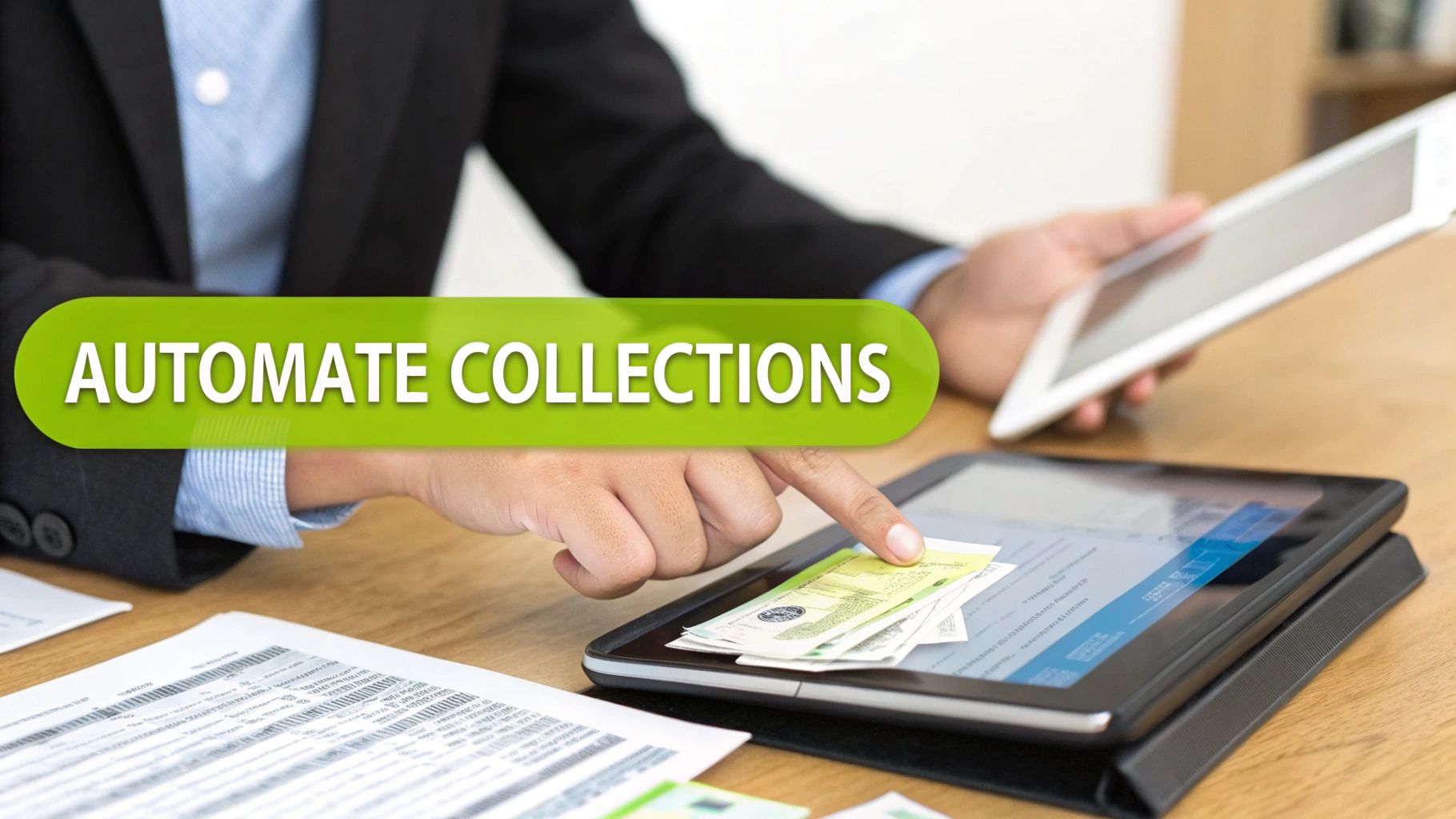 Businessman using two tablets to process money and documents, with text 'AUTOMATE COLLECTIONS' on a banner.
