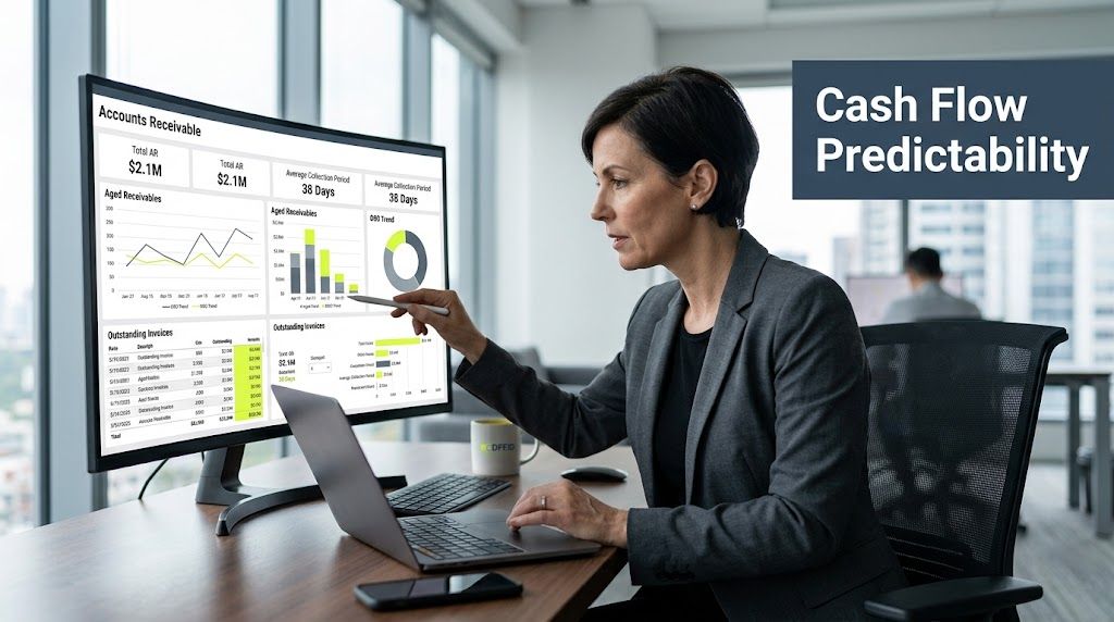 A businesswoman in a professional office pointing at a computer monitor displaying accounts receivable financial charts.
