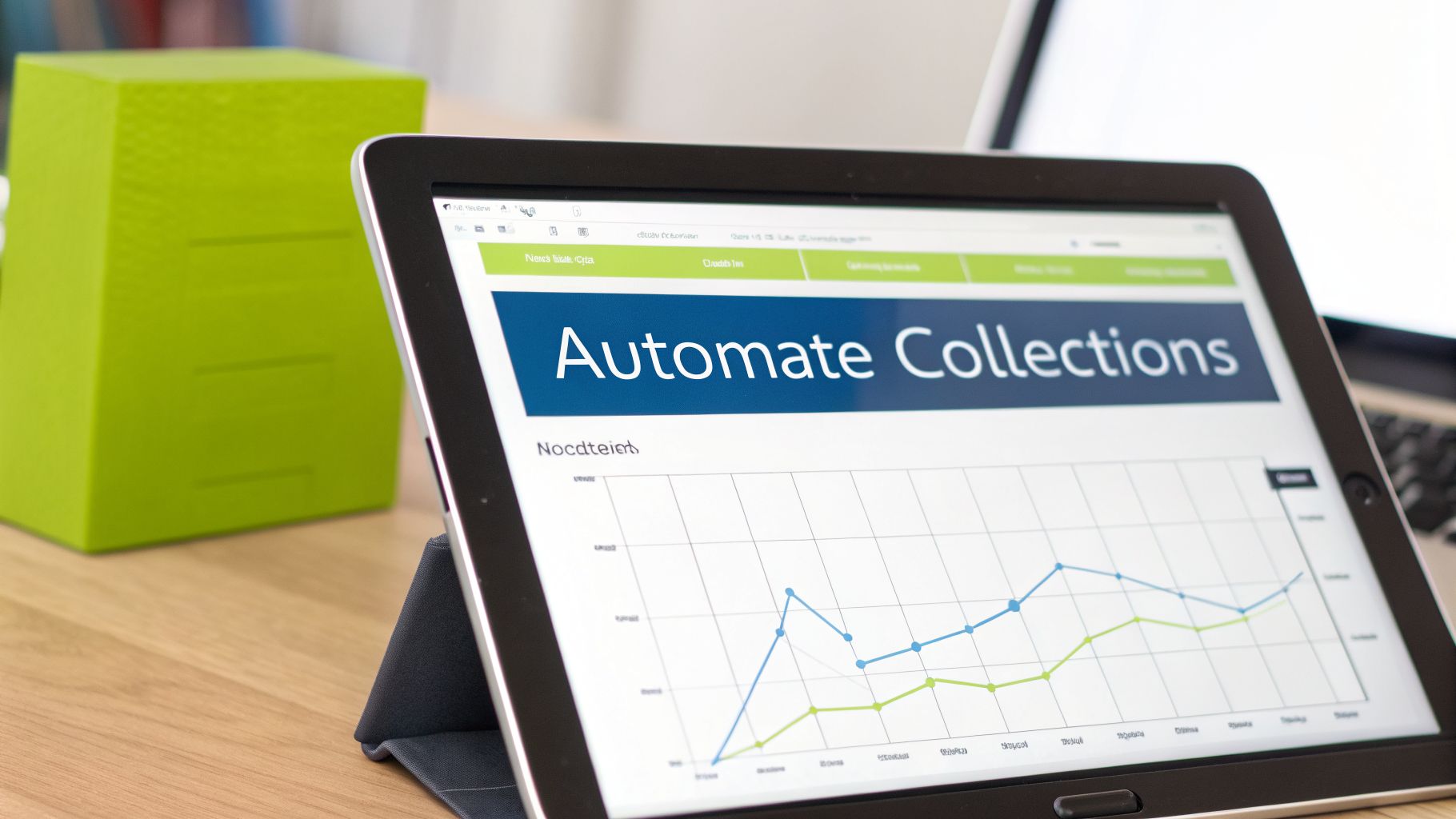 A tablet displaying "Automate Collections" and financial graphs, signifying automated debt collection processes.