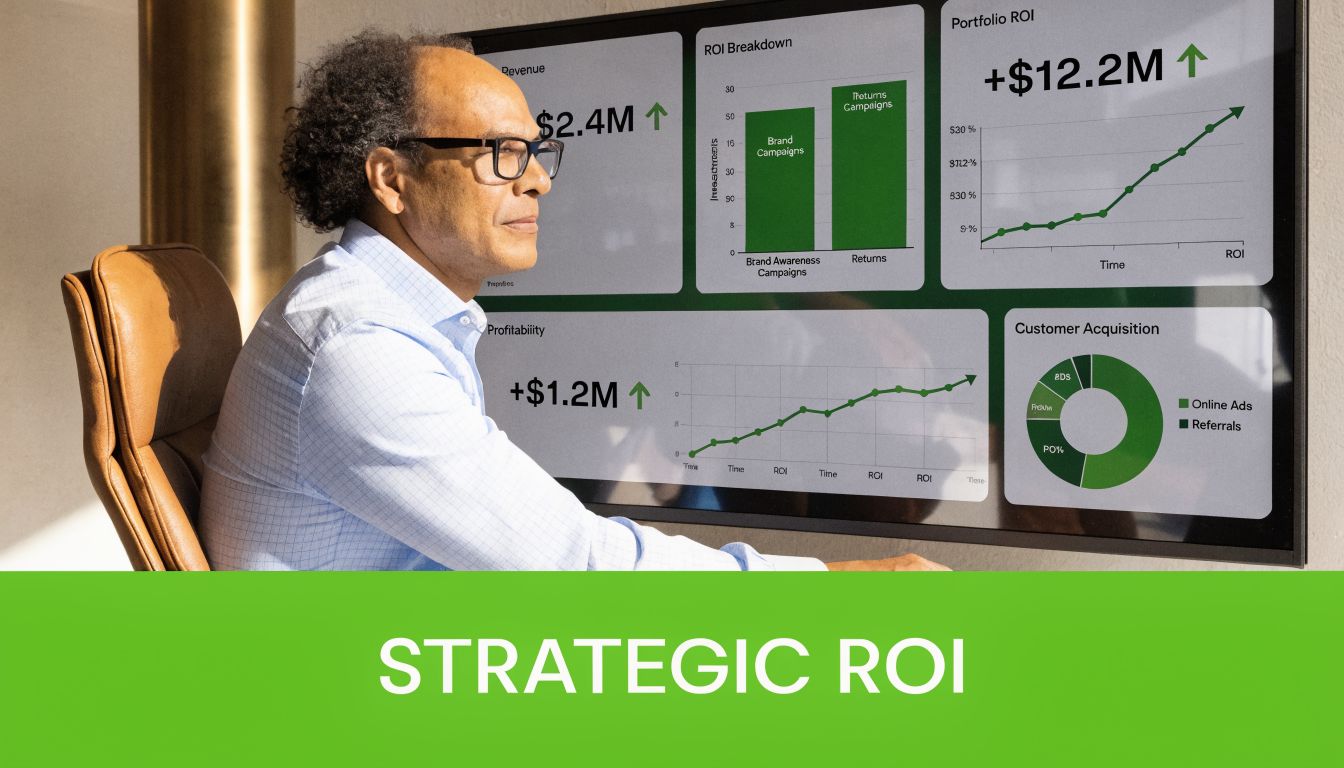 A professional man reviewing financial performance dashboards displaying revenue, profitability, and ROI metrics on a large screen.