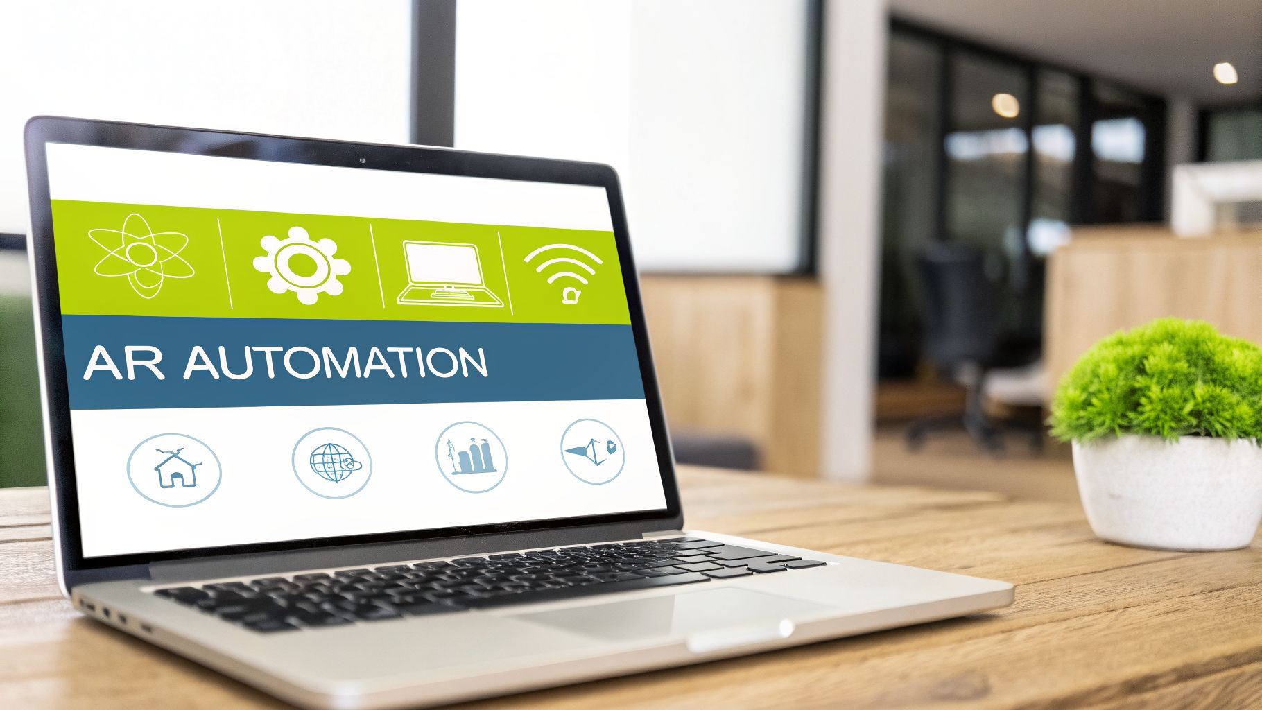 A laptop displaying "AR AUTOMATION" with technology icons on a wooden desk in an office.