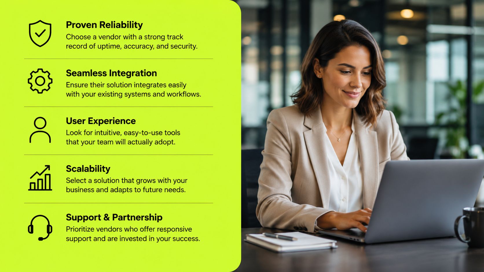 A professional woman working on a laptop next to a checklist of five essential business vendor criteria.