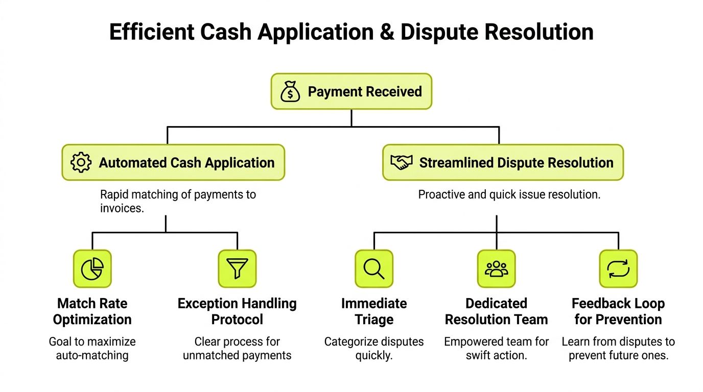 A process flow chart illustrating efficient cash application and streamlined dispute resolution strategies for business financial operations.