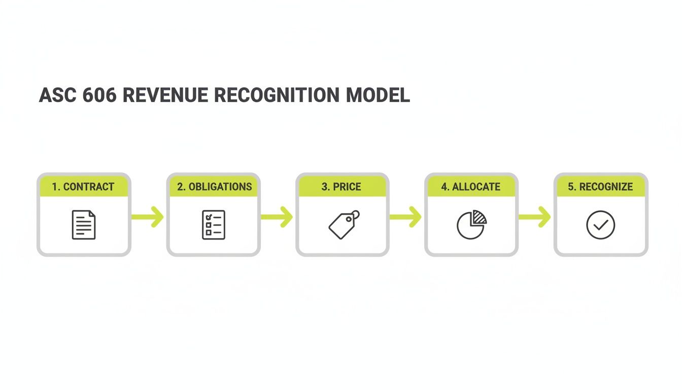 A 5-step flowchart illustrating the ASC 606 revenue recognition model with icons for each stage.