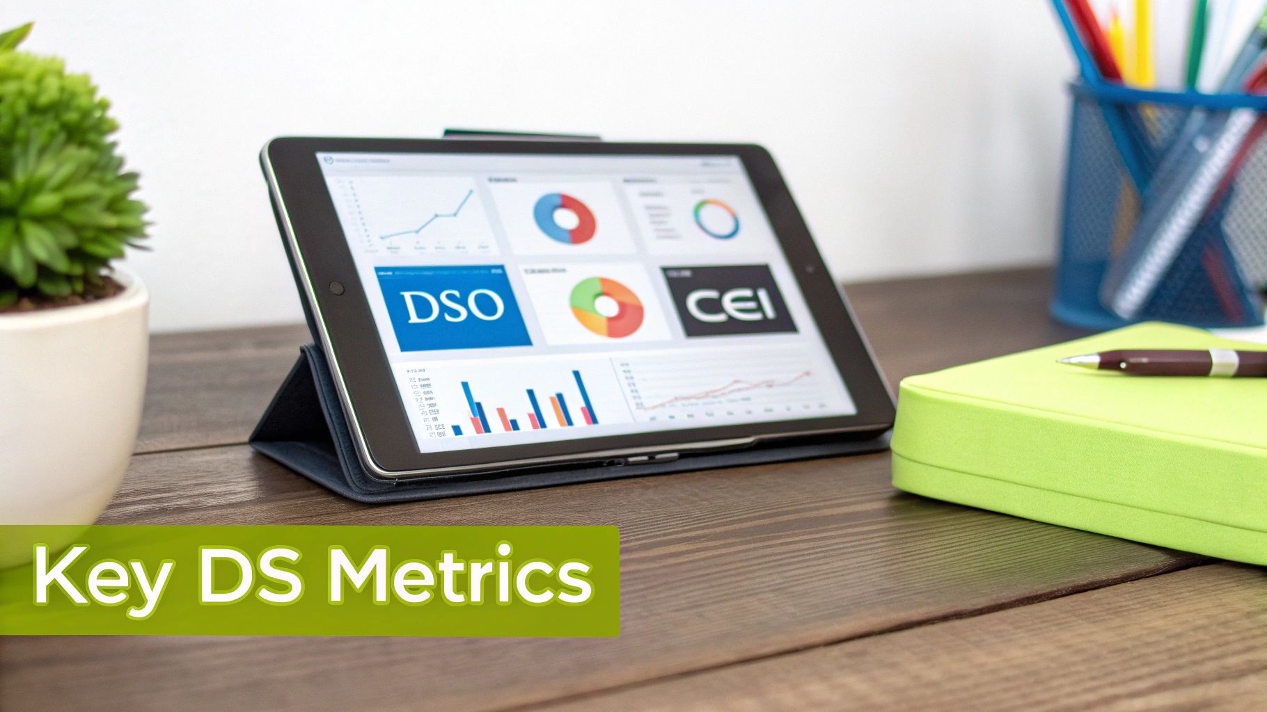 A tablet on a wooden desk displays business metrics, charts, and DSO/CEI logos, alongside office supplies.