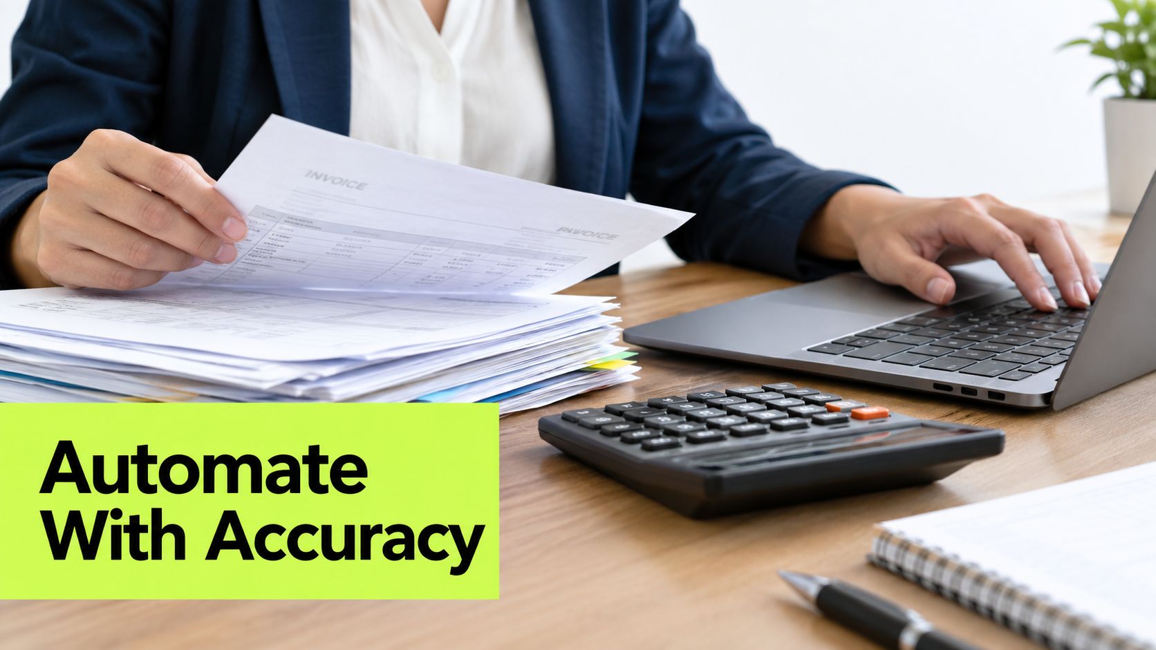 A professional working on invoice automation at a desk with a laptop, calculator, and paperwork.