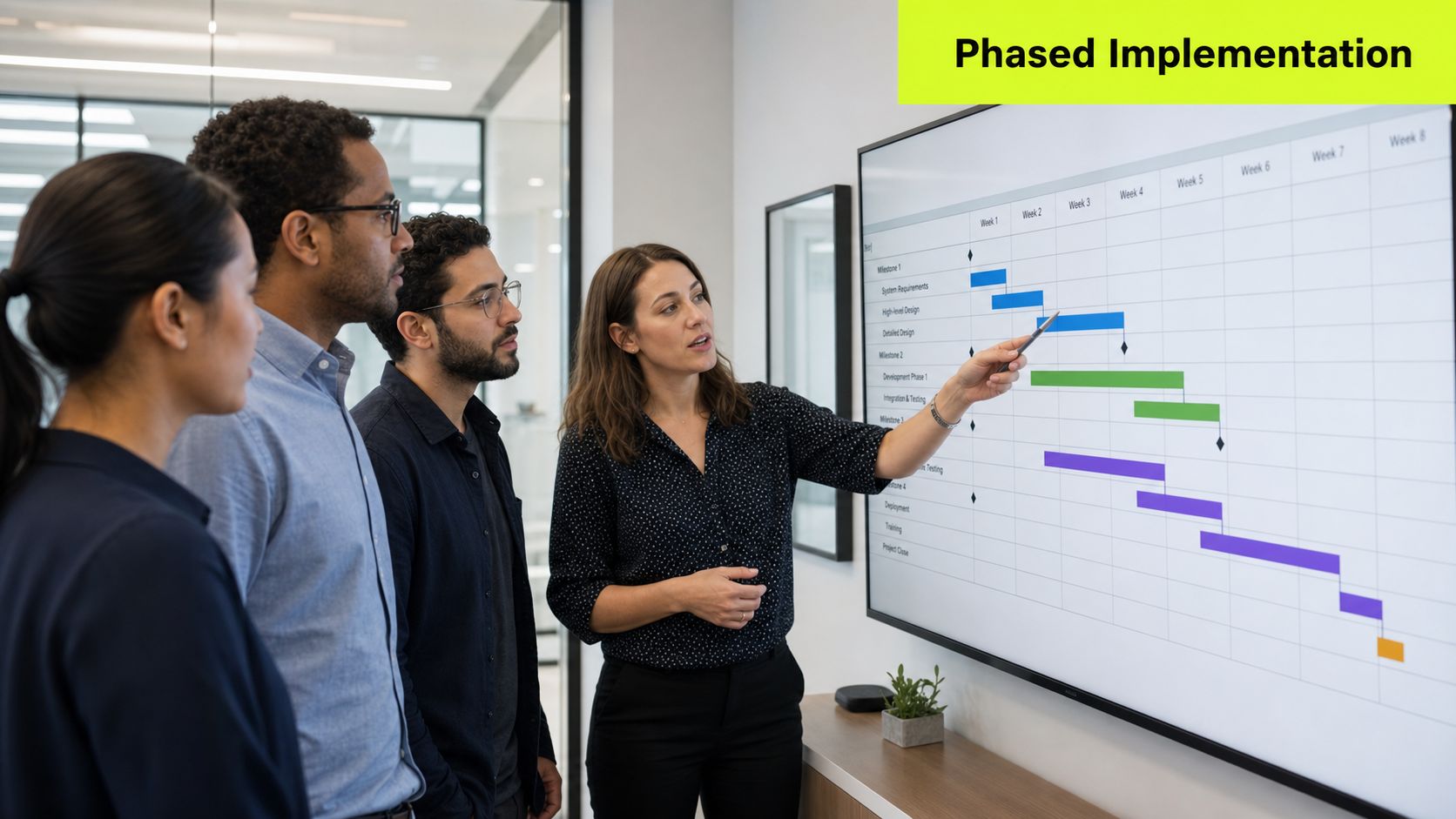 A professional team discussing project timelines and milestones using a digital presentation screen in an office.