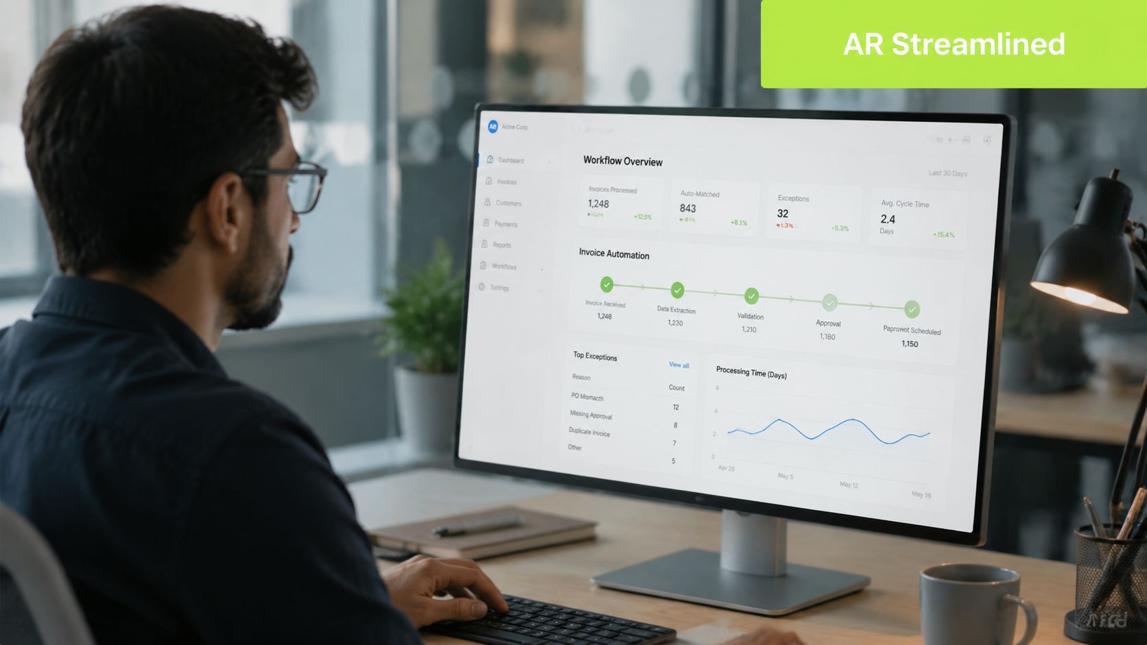 A professional man using a computer screen displaying an automated accounts receivable dashboard with performance metrics.