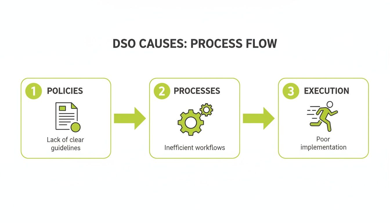 Flowchart illustrating DSO causes related to policies, processes, and execution issues.