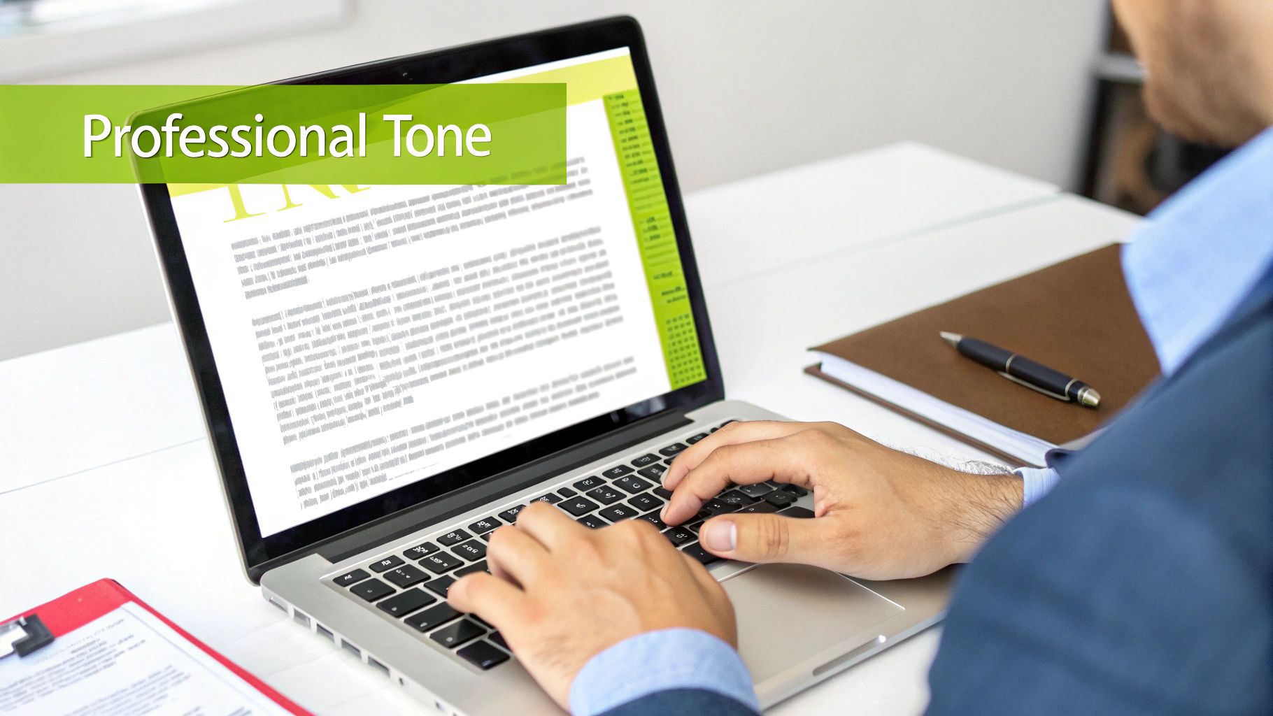 Professional typing collection letter on laptop with business document and notebook on desk