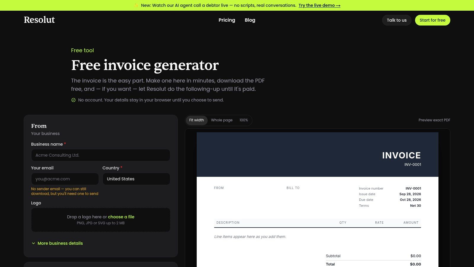 Free Invoice Generator, Create and Send a Professional Invoice, Resolut