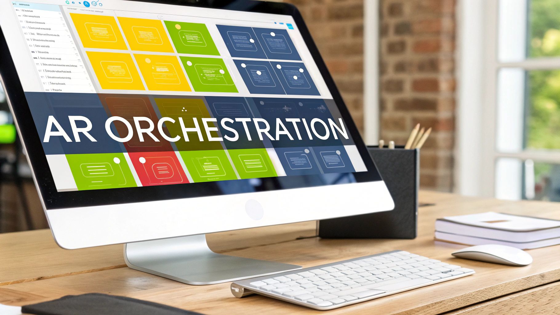 A desktop computer displaying 'AR Orchestration' on its screen with a keyboard, mouse, and office supplies on a wooden desk.