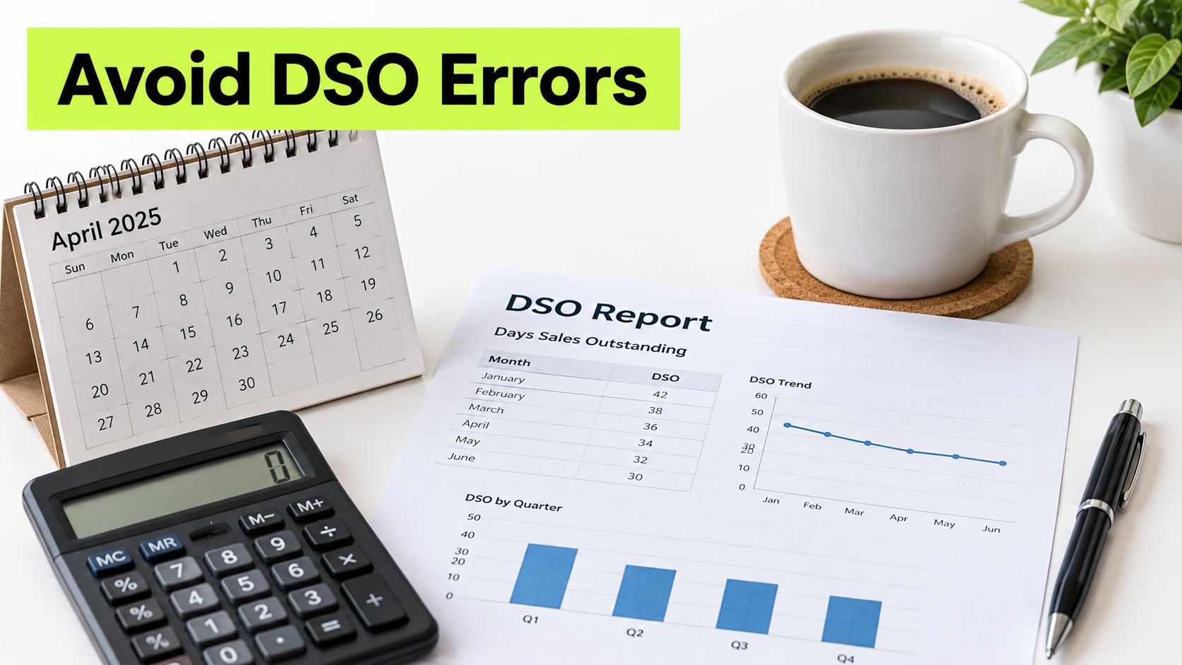 A desktop office setup featuring a calendar, a calculator, and a business report showing DSO trend statistics.