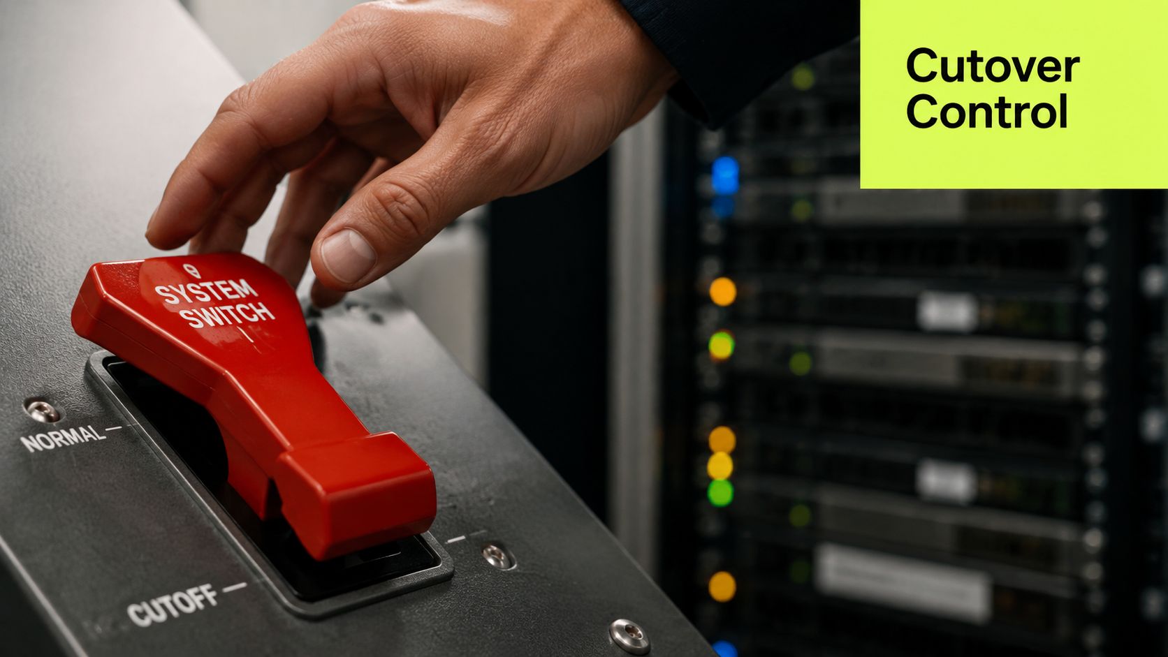 A hand operating a large red industrial switch labeled System Switch in a server room environment.