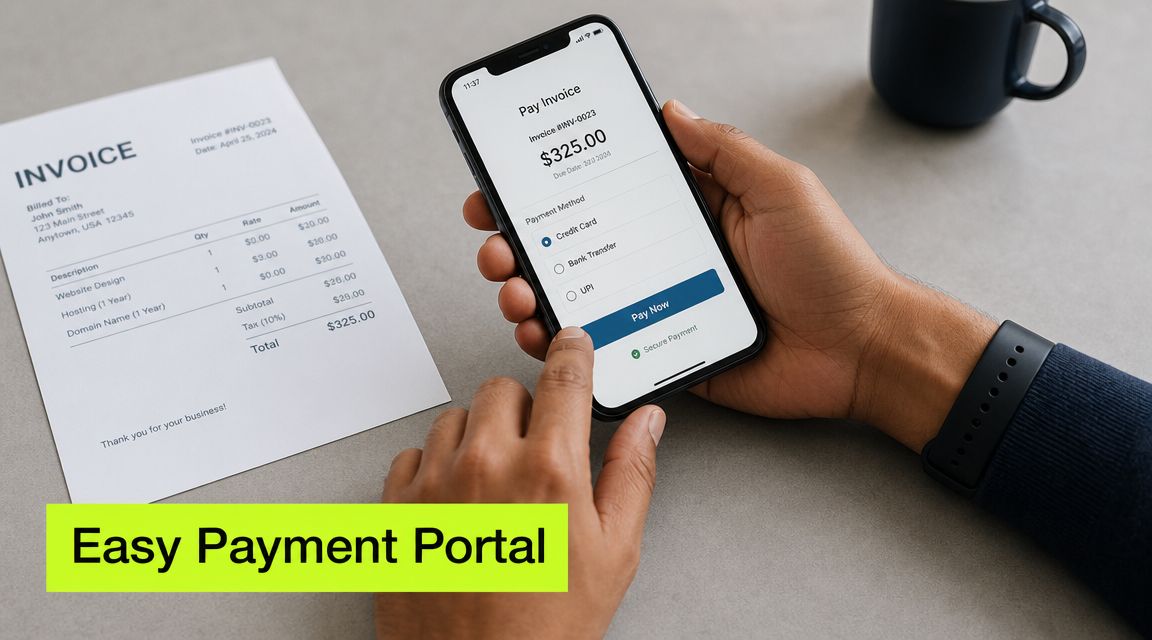 A person holding a smartphone to pay an invoice online using a digital payment portal interface.