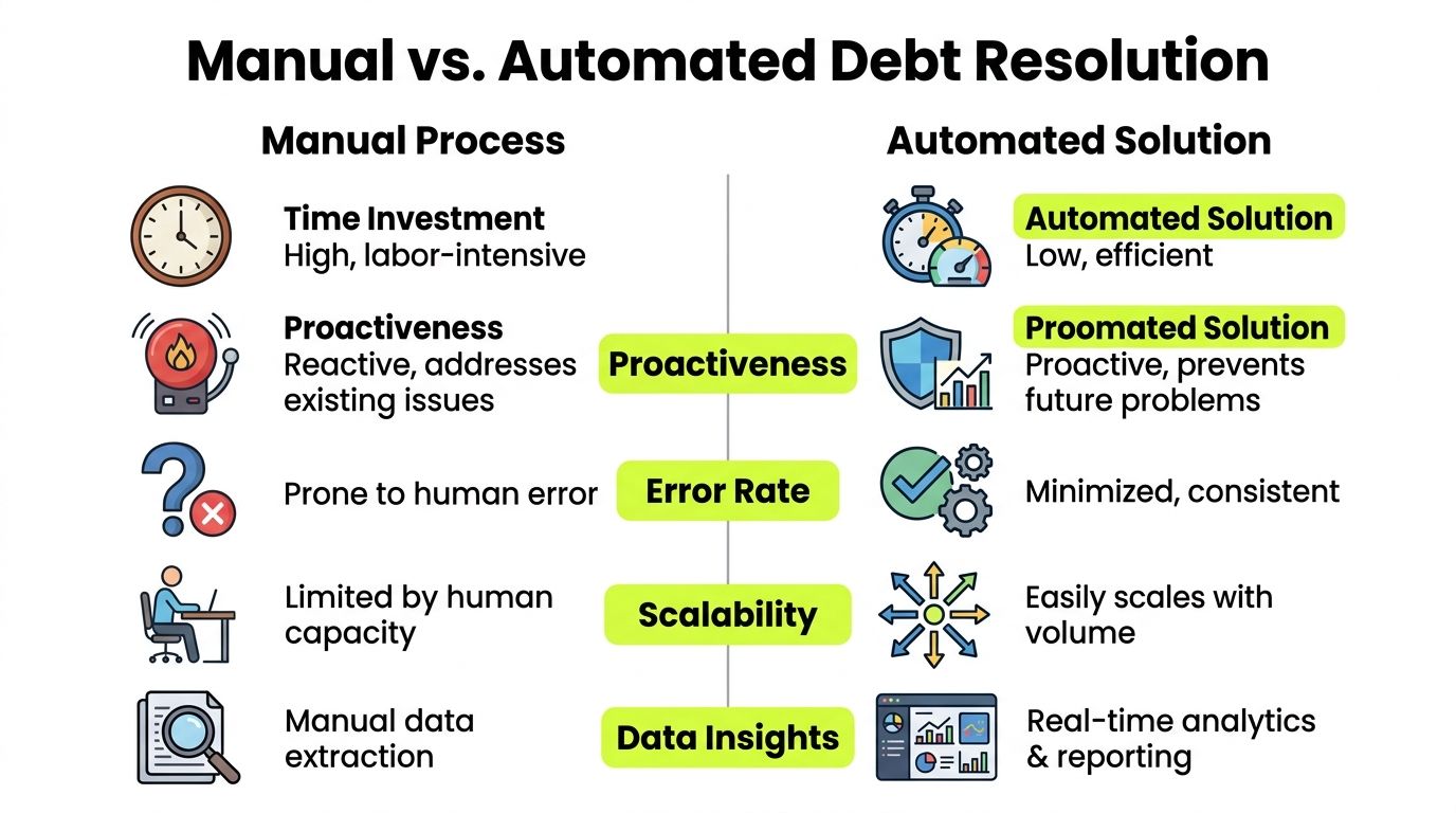 A comparison chart showing the key benefits of automated debt resolution versus traditional manual processing methods.