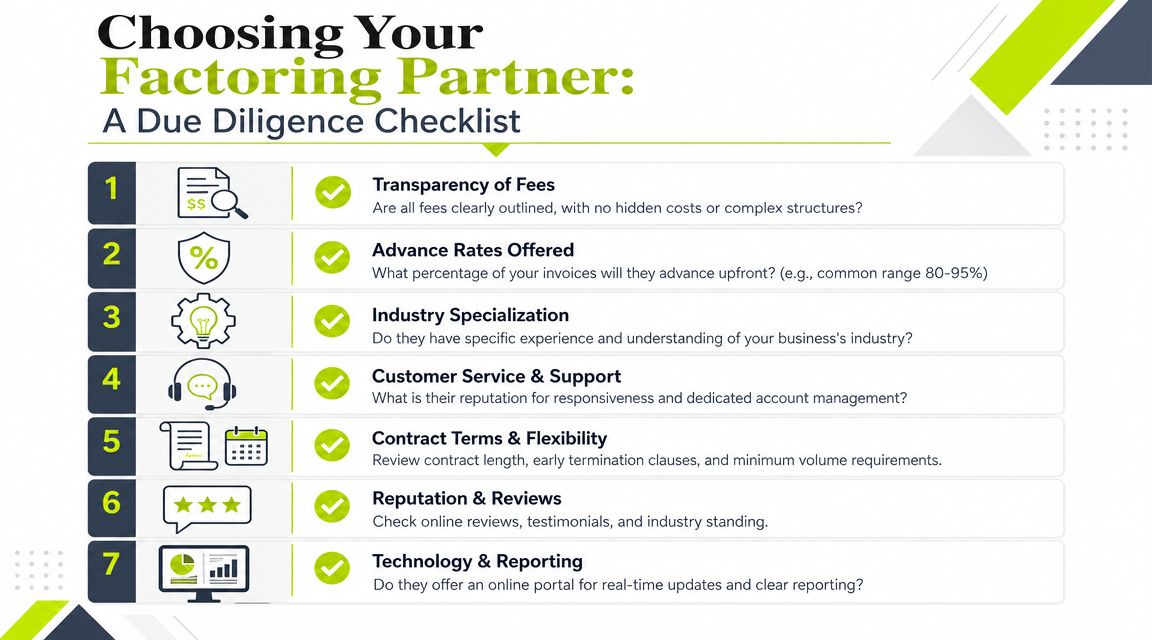 A checklist infographic titled Choosing Your Factoring Partner, outlining seven key criteria for selecting a financing provider.