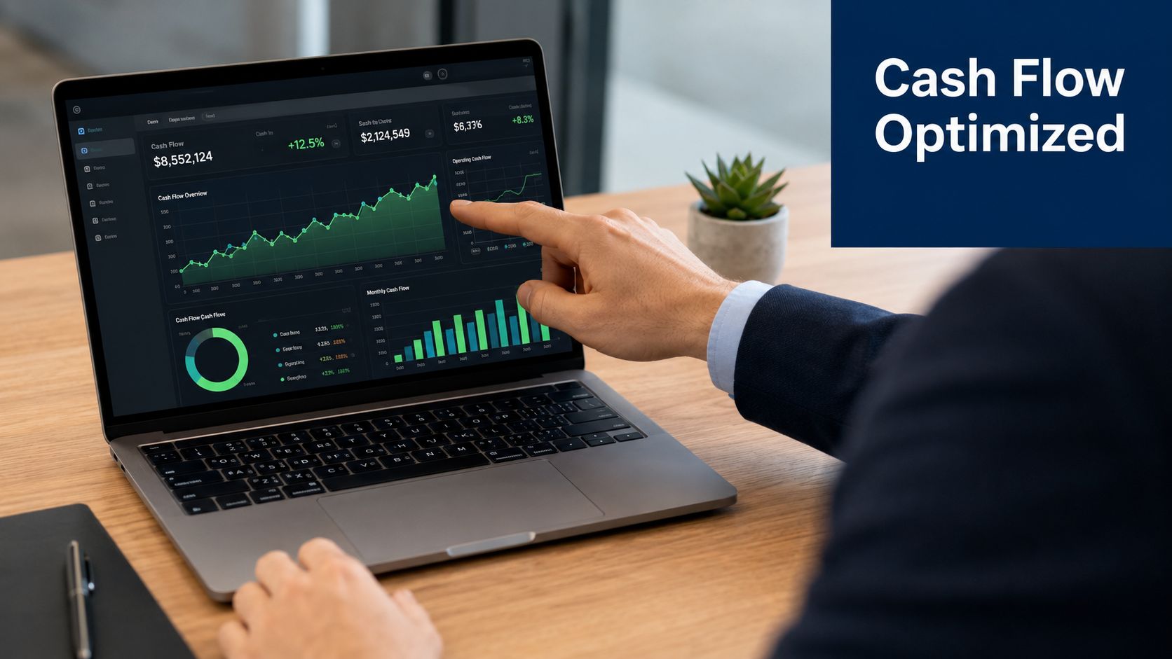 A professional in a suit pointing at a laptop screen displaying a detailed cash flow dashboard.