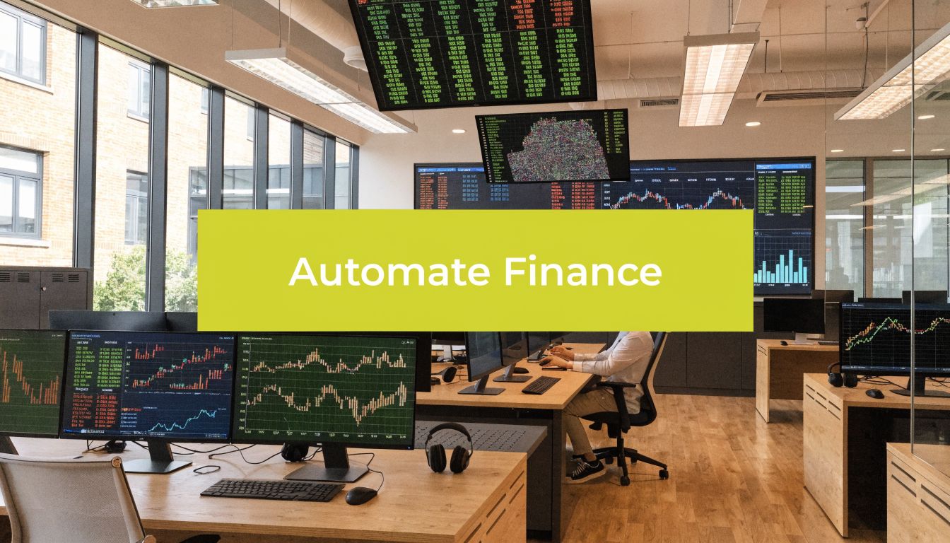 A professional finance office workspace featuring multiple computer screens displaying stock market charts and data analytics.