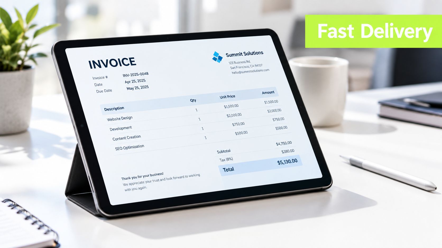 A digital tablet displaying a professional business invoice on a desk next to a coffee cup.