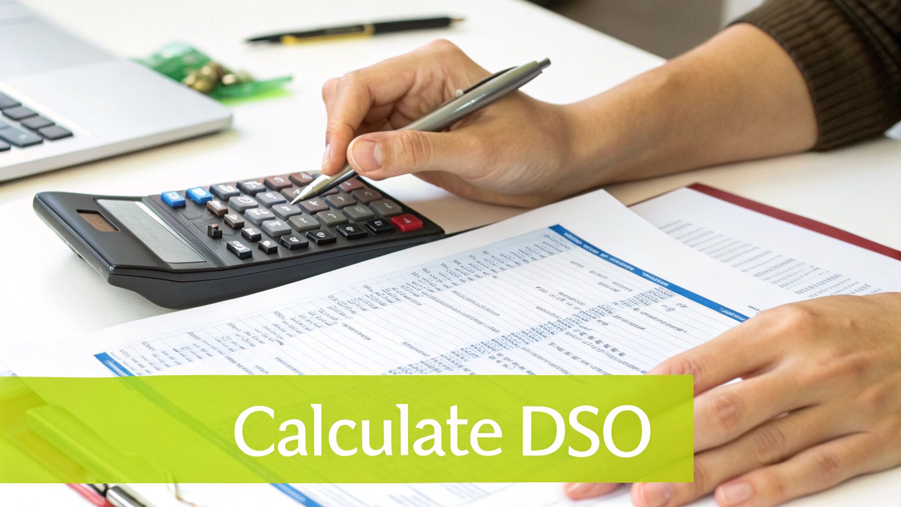 A person uses a calculator and reviews financial documents on a desk with a laptop, overlay reads 'Calculate DSO'.