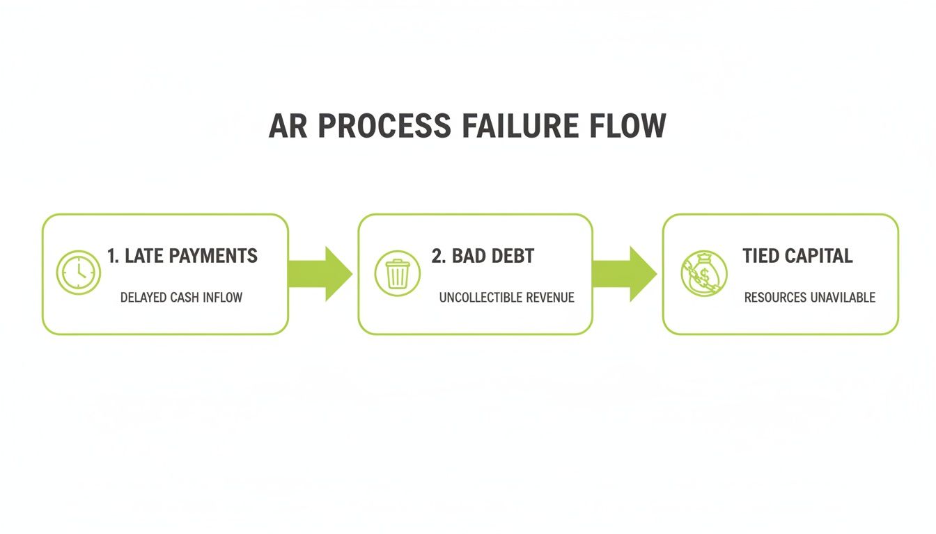 Flowchart depicting the AR process failure, showing late payments, bad debt, and tied capital consequences.