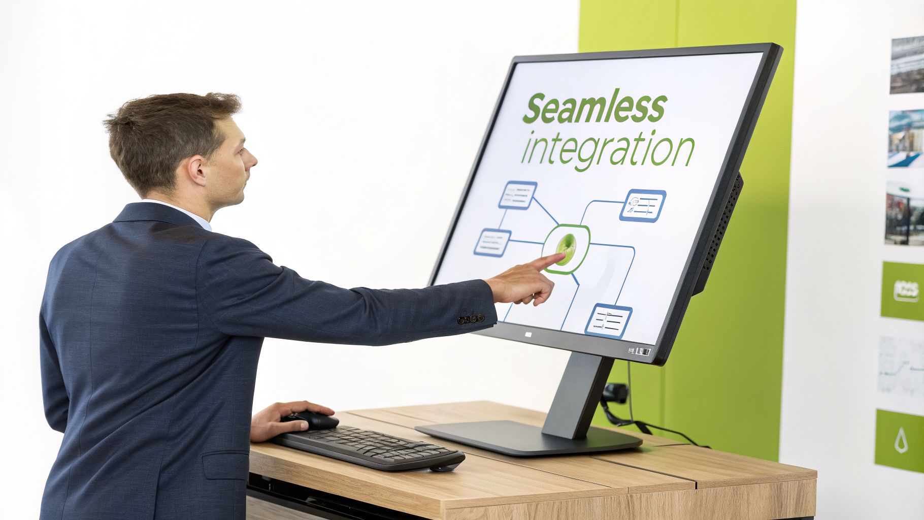 Professional man in a suit pointing at a large touch screen displaying a "Seamless integration" diagram.