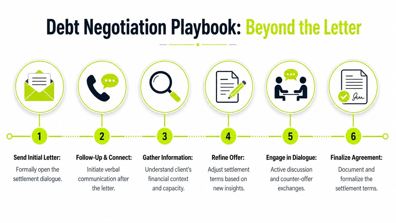 A step-by-step infographic titled Debt Negotiation Playbook outlining six stages for formalizing a financial settlement process.