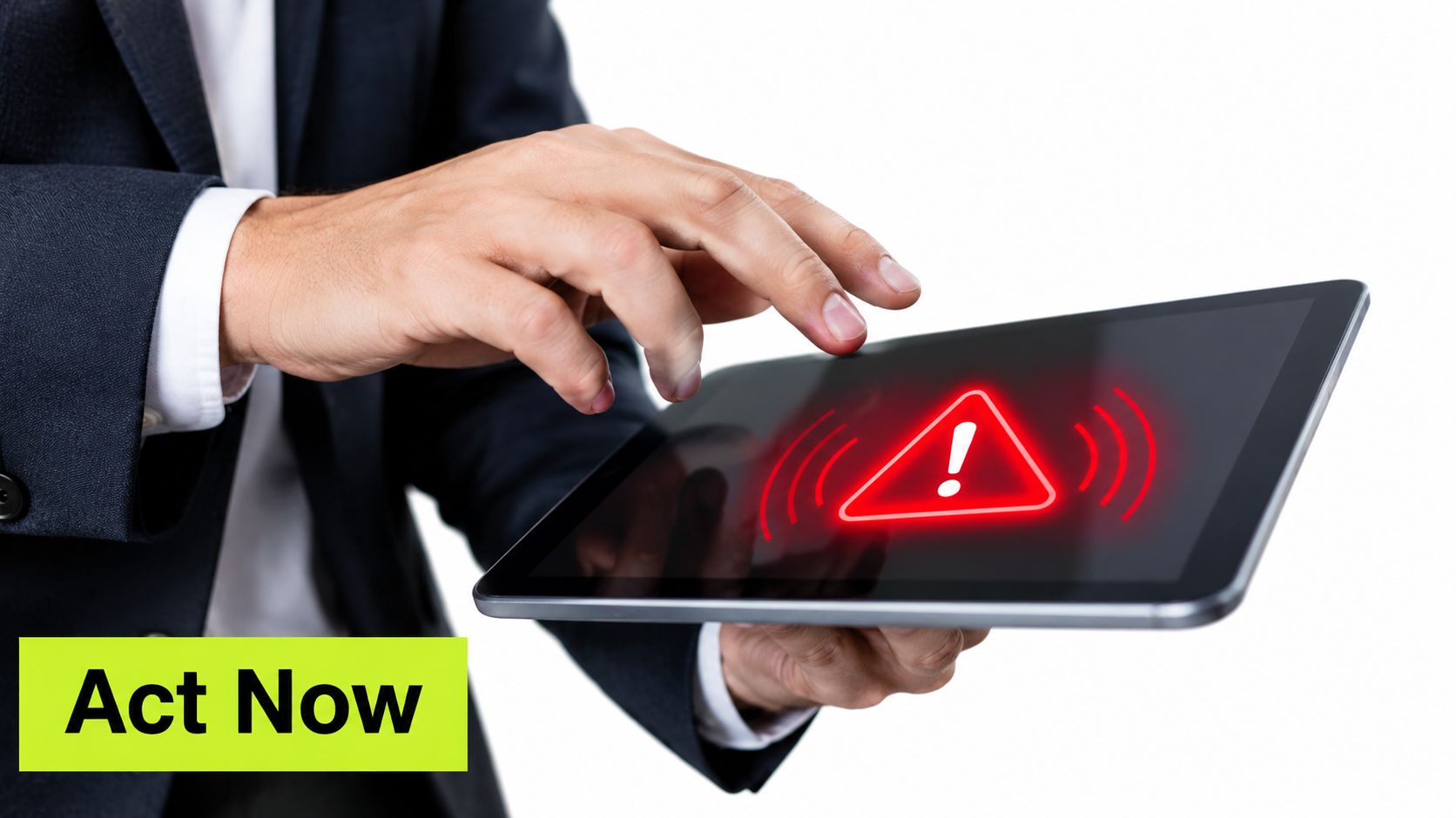 A businessman in a suit holds a tablet showing a glowing red hazard warning symbol on screen.