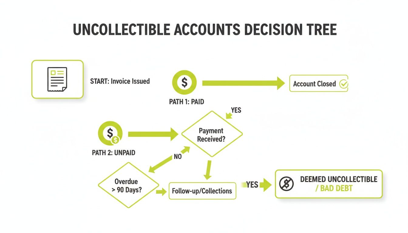 A decision tree flowchart illustrating the process for uncollectible accounts, from invoice issuance to bad debt.
