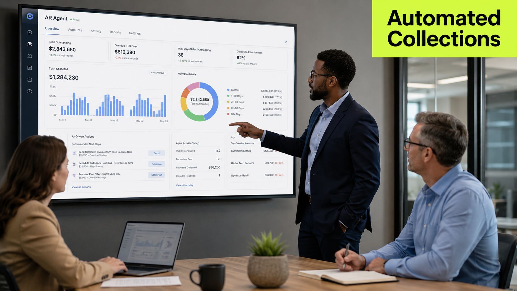 A professional business meeting where a man presents AR Agent financial software data on a large screen.