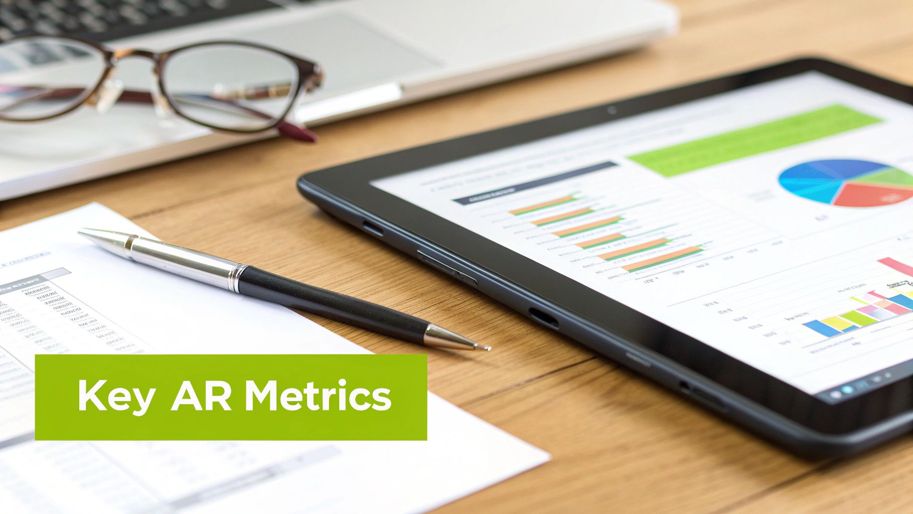 Desk with tablet displaying Key AR Metrics, laptop, glasses, pen, and financial papers.