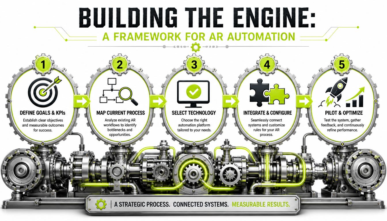 A five-step framework infographic for implementing AR automation, featuring process steps from goal definition to optimization.