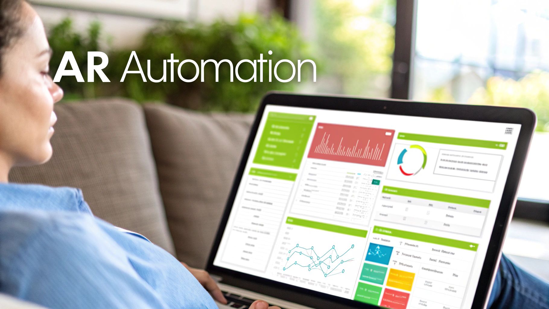 Woman on a couch viewing an AR Automation dashboard on her laptop with various data insights.