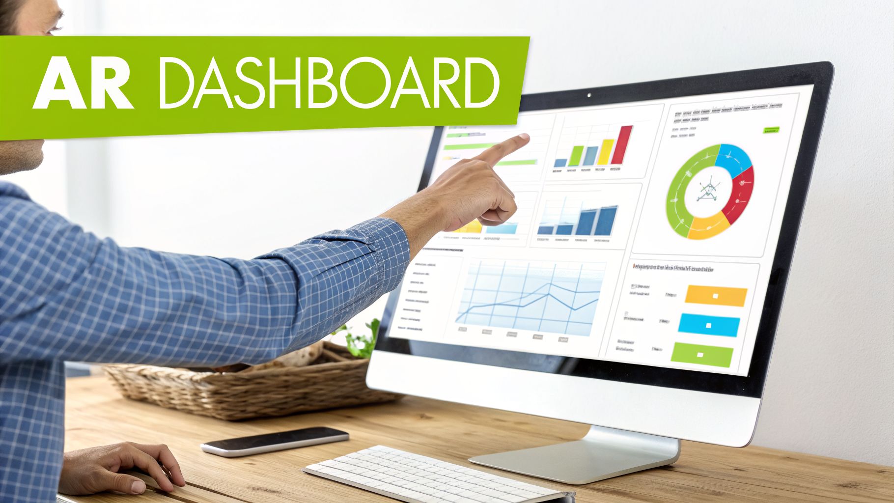 A person points at a computer screen displaying an "AR DASHBOARD" with various data charts.