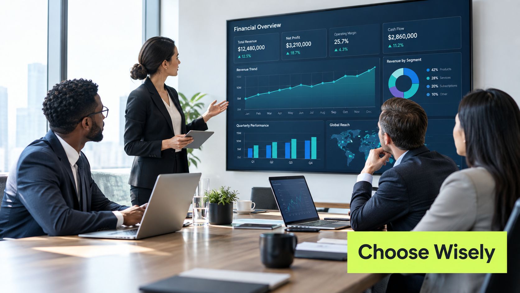 A businesswoman presenting financial analytics on a large screen to colleagues in a modern office boardroom meeting.