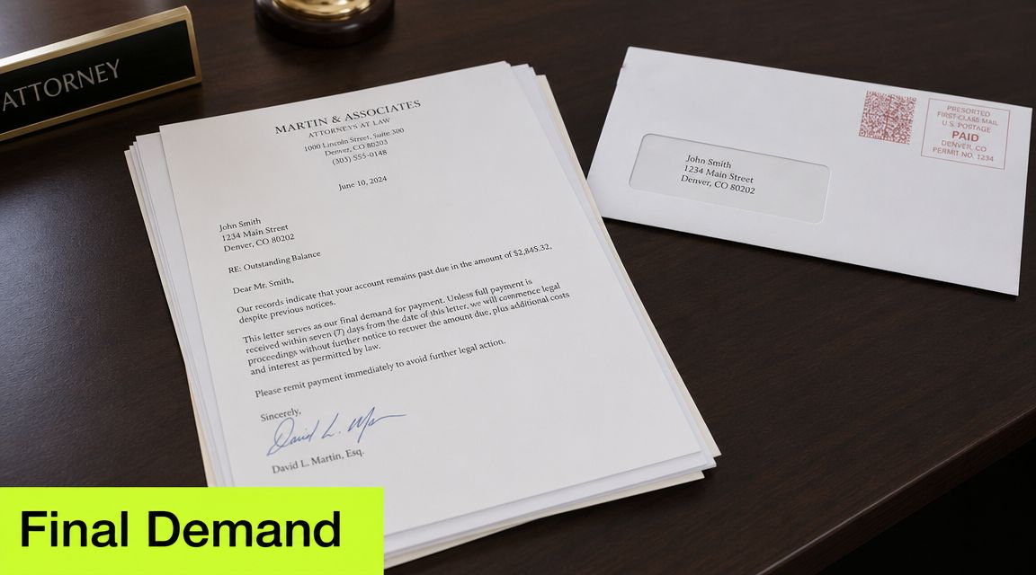 A formal final demand legal letter from a law firm regarding an outstanding debt balance of $2,845.32.