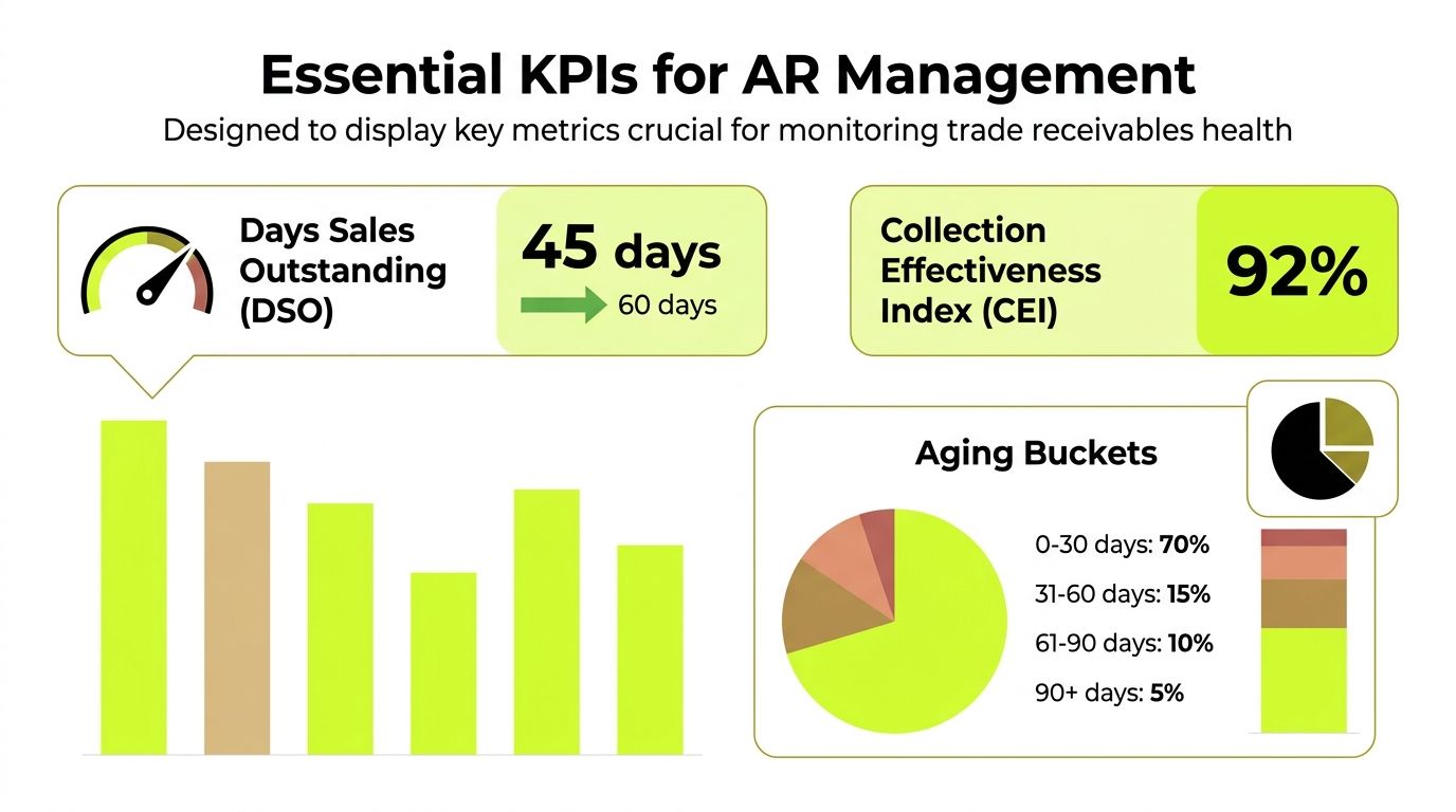 An infographic showing essential accounts receivable management KPIs including DSO, collection effectiveness index, and aging buckets.