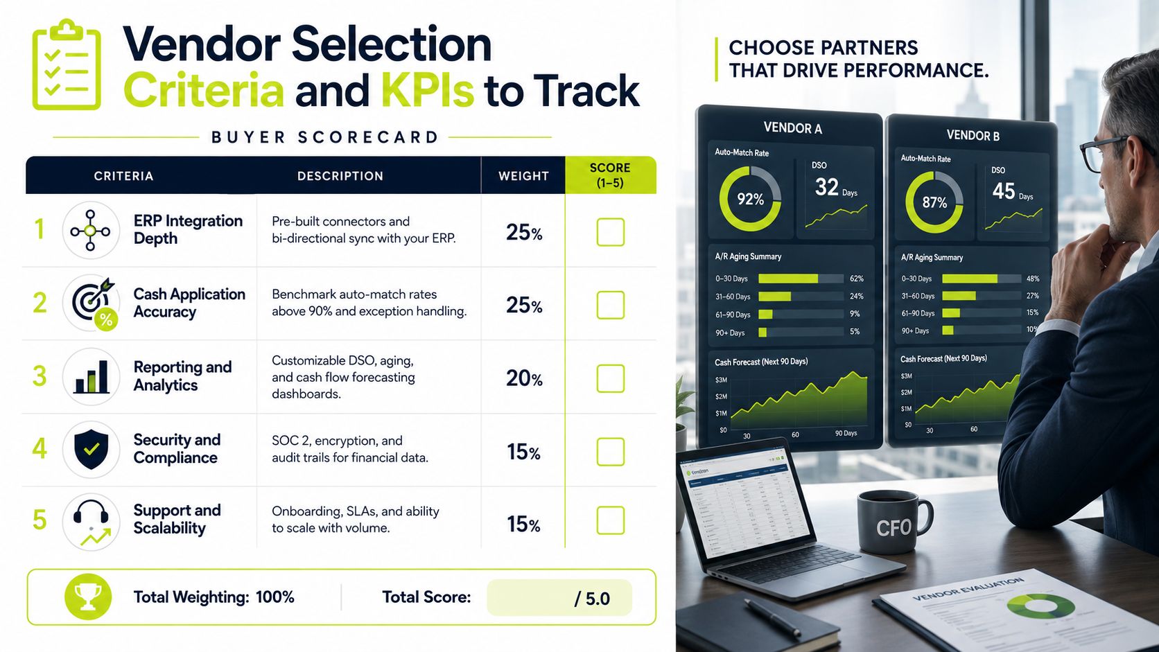 A scorecard table for evaluating vendor selection criteria and KPIs for financial automation platforms.