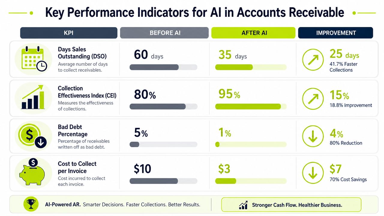 A chart comparing key performance indicators for accounts receivable before and after implementing AI technology.