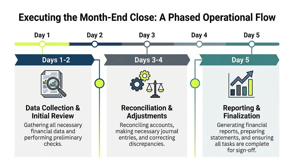 A five-day operational workflow chart illustrating the phases of executing a professional month-end financial close.