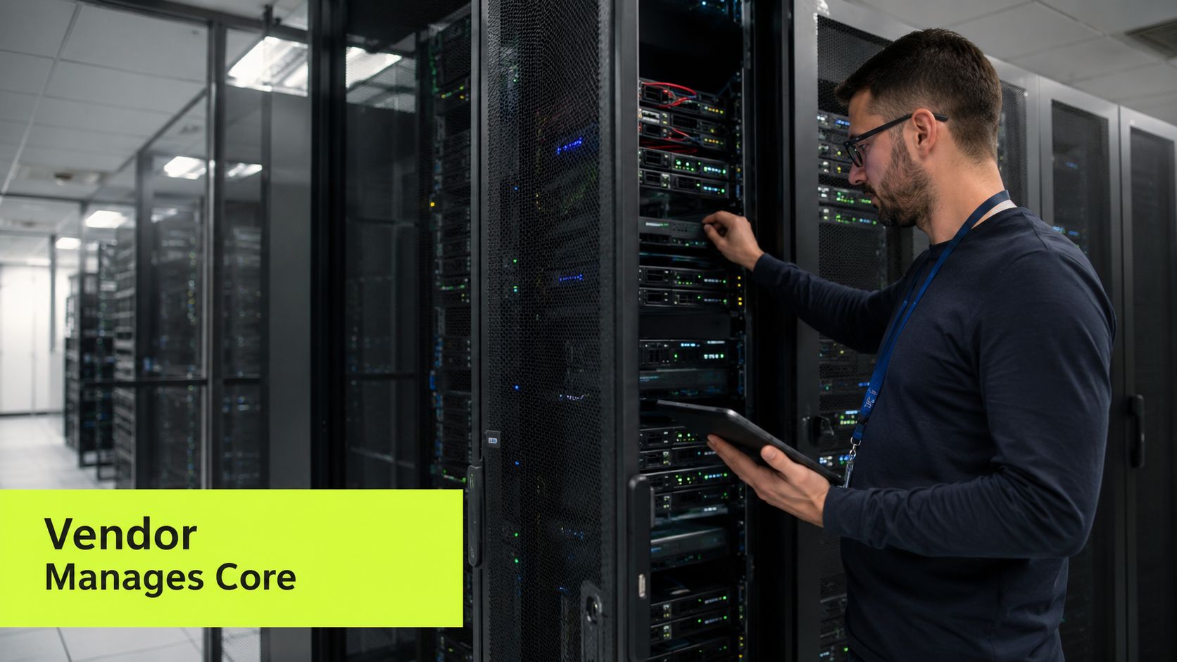 A technician wearing glasses adjusting server equipment in a professional data center with rack enclosures.