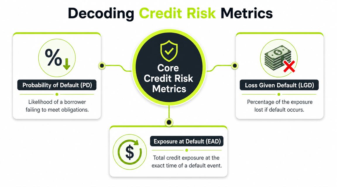 An infographic titled Decoding Credit Risk Metrics explaining PD, LGD, and EAD concepts for financial risk assessment.