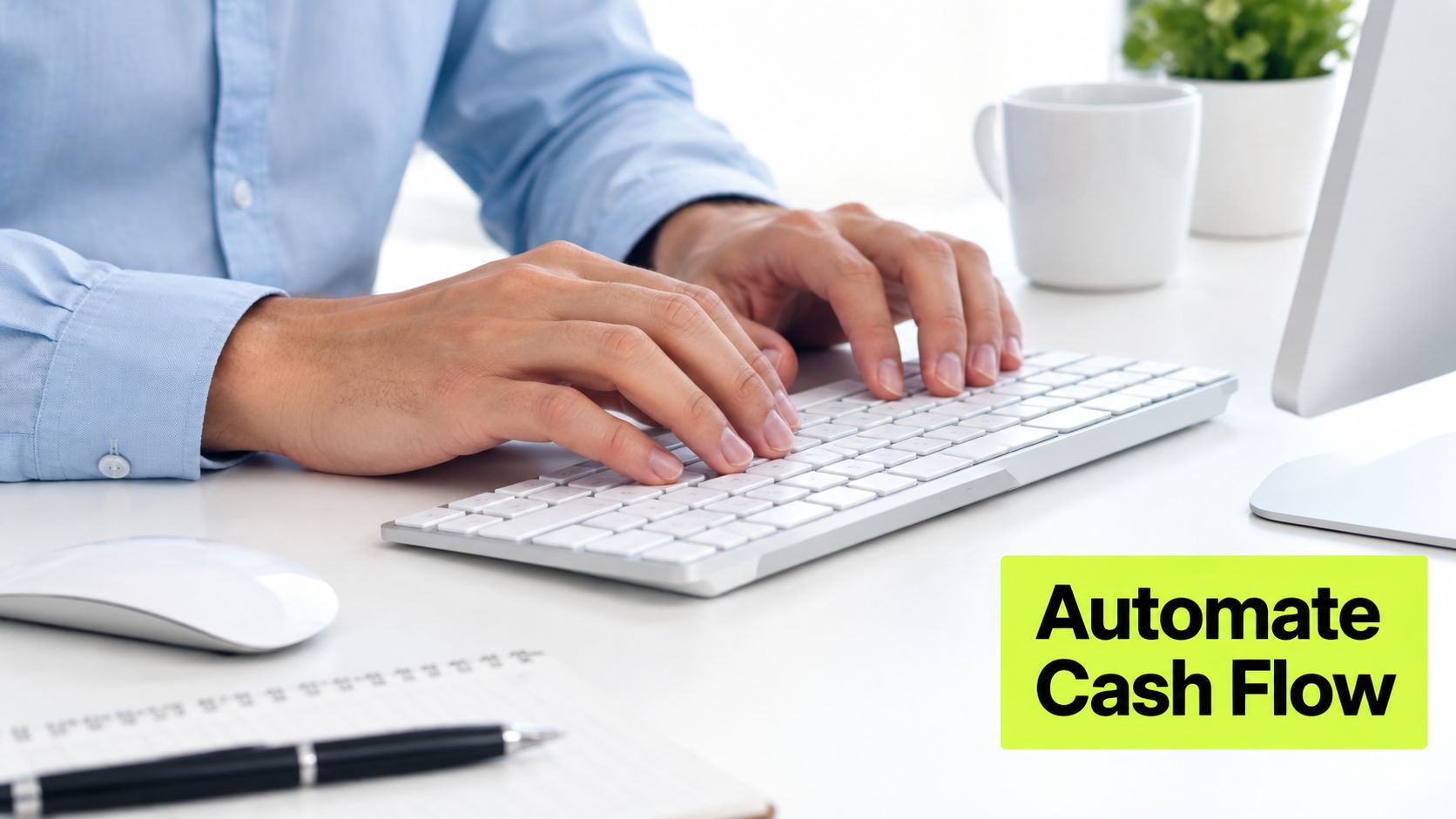 A professional person typing on a computer keyboard with text saying Automate Cash Flow on screen.